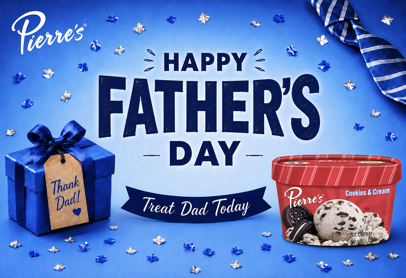 Happy Father's Day image featuring a wrapped gift for dad and a container of Pierre's Cookies & Cream Ice Cream